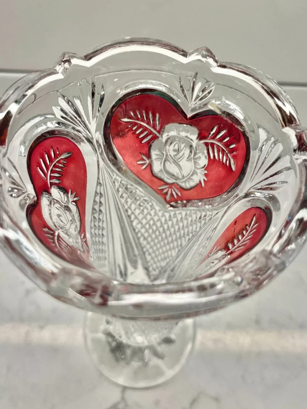 Vintage Enesco Lead Crystal Colored Heart Rose Vase, 8”H